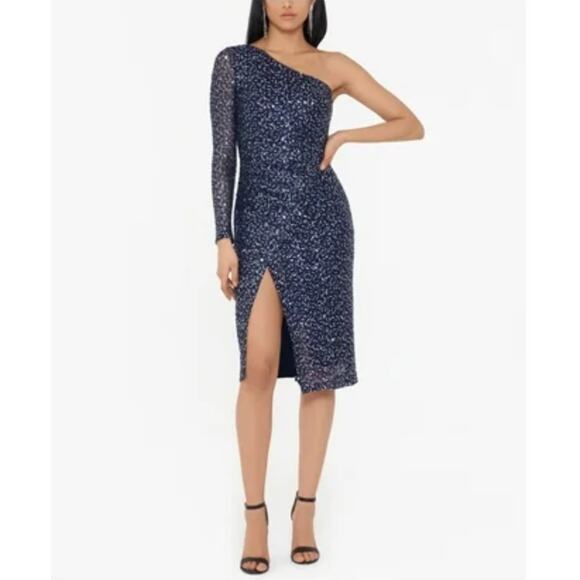 Betsy & Adam Women's Cocktail Dress Size 8 Blue Sequin One Shoulder Midi Sheath - Picture 12 of 14